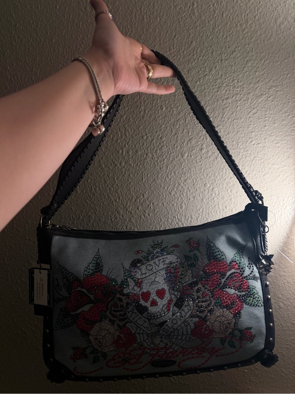 Ed Hardy Black Floral Skull Embellished Shoulder Bag